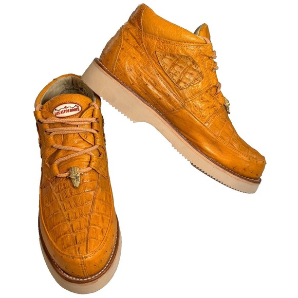 Los Altos Genuine Gator W/Ostrich Casual Shoe/Boot in Buttercup Lace Up SZ 7.5